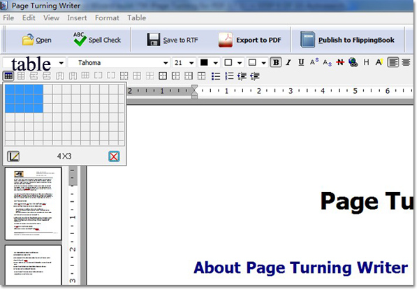 insert table with page turning writer